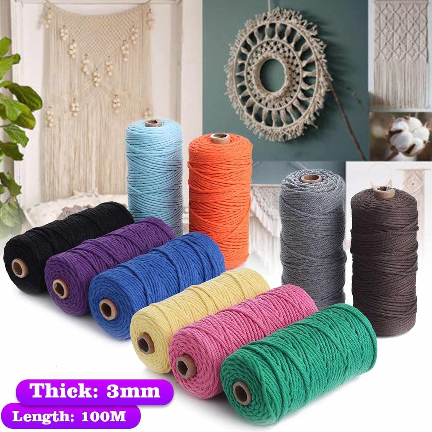 Natural Color Macrame Cord 4 mm x 109yards, Colored Macrame Rope, 4 Strand Twisted Cotton Rope Macrame Yarn, Colorful Cotton Craft Cord for Wall Hanging, Plant Hangers, Crafts, Knitting