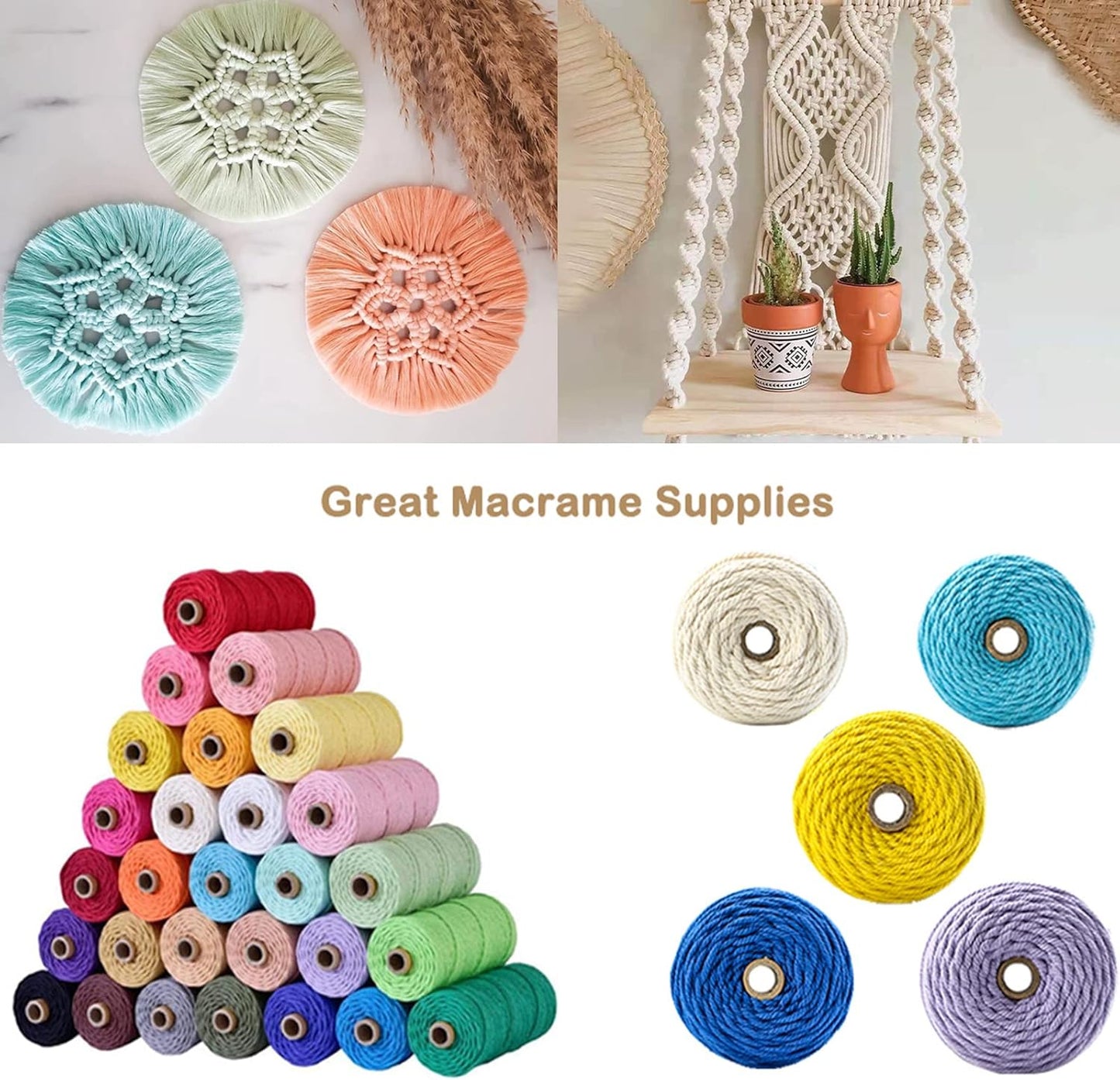 Natural Color Macrame Cord 4 mm x 109yards, Colored Macrame Rope, 4 Strand Twisted Cotton Rope Macrame Yarn, Colorful Cotton Craft Cord for Wall Hanging, Plant Hangers, Crafts, Knitting